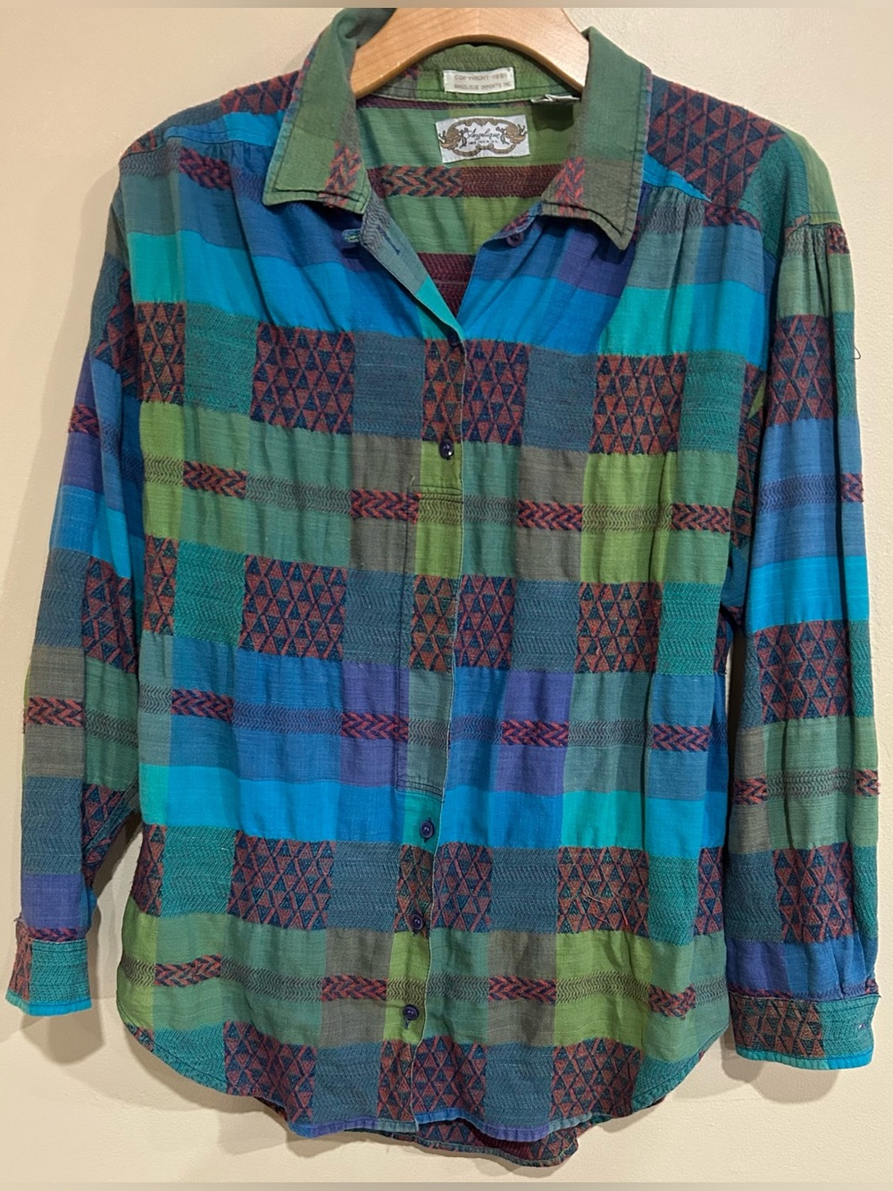 VTG 1991 Angelique Imports Inc Patchwork Button Down Sz Large Boho Grunge Punk